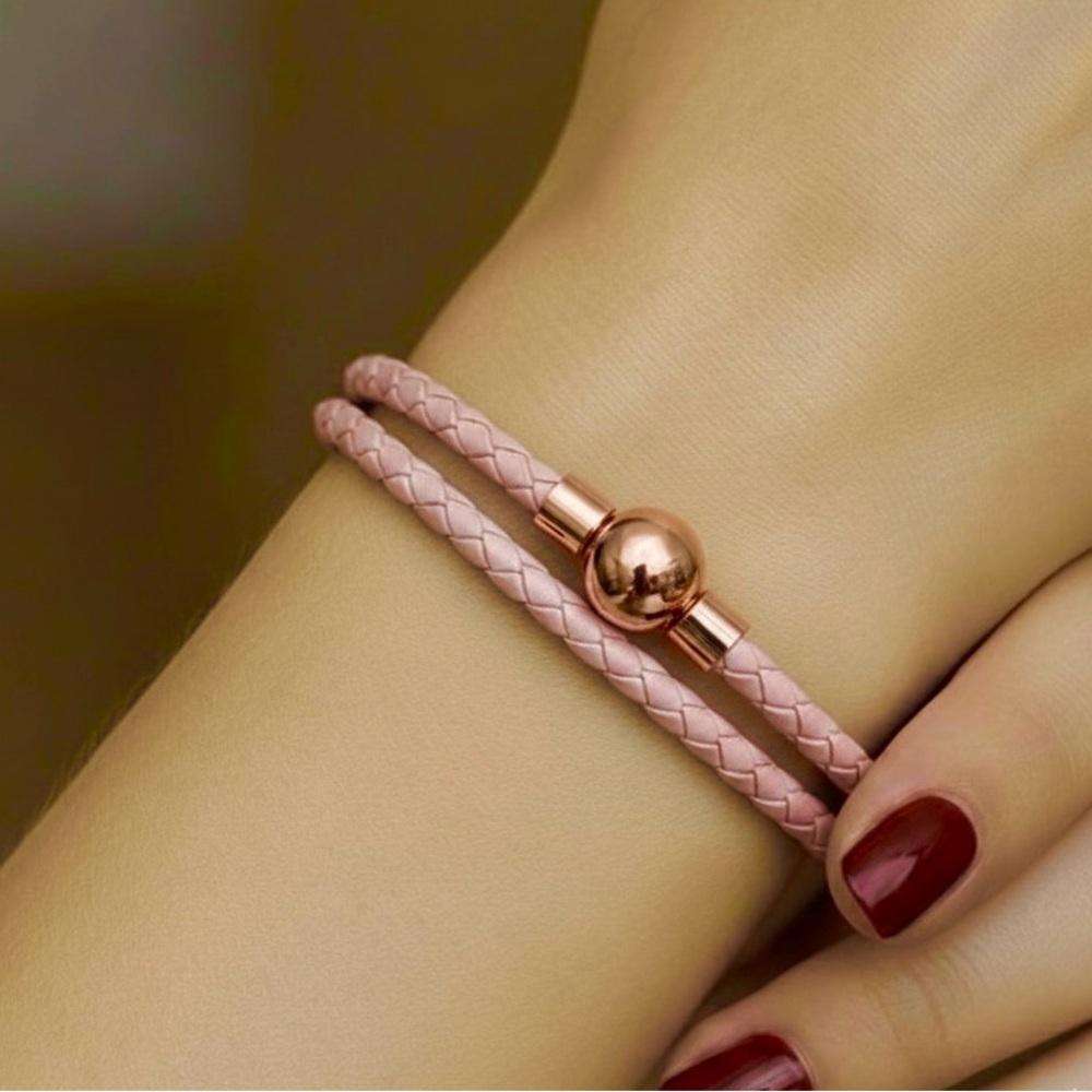 Linx Double Pink Leather Braided Cord Bracelet with Rose Gold Magnetic Clasp